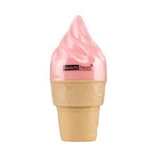 Pink ice cream cone-shaped container with a beige base on a white background